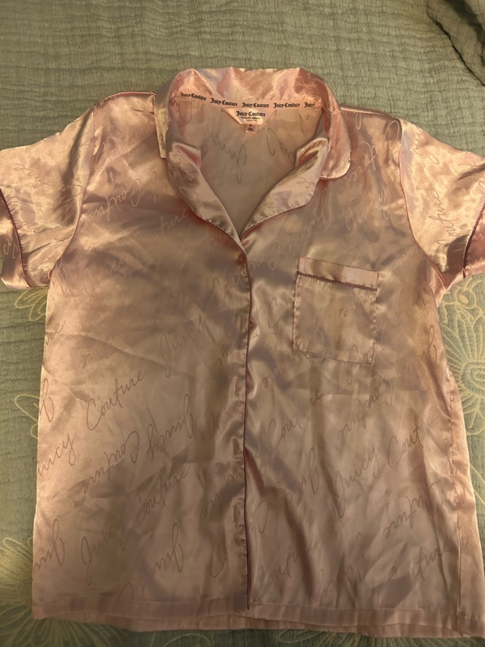Juicy Couture Pink Satin Short Sleeve Button-Up Shirt